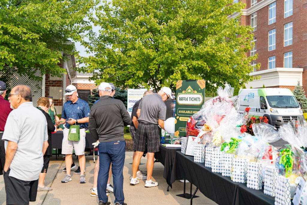 guests peruse the gift baskets
