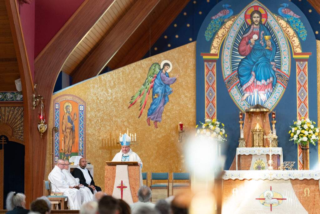 Bishop Bonnar delivers the homily during the assumption pilgrimage in North Jackson