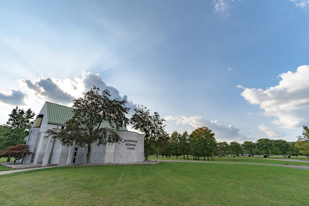 Landscape of Resurrection Cemetery including the McDonough Memorial Chapel.