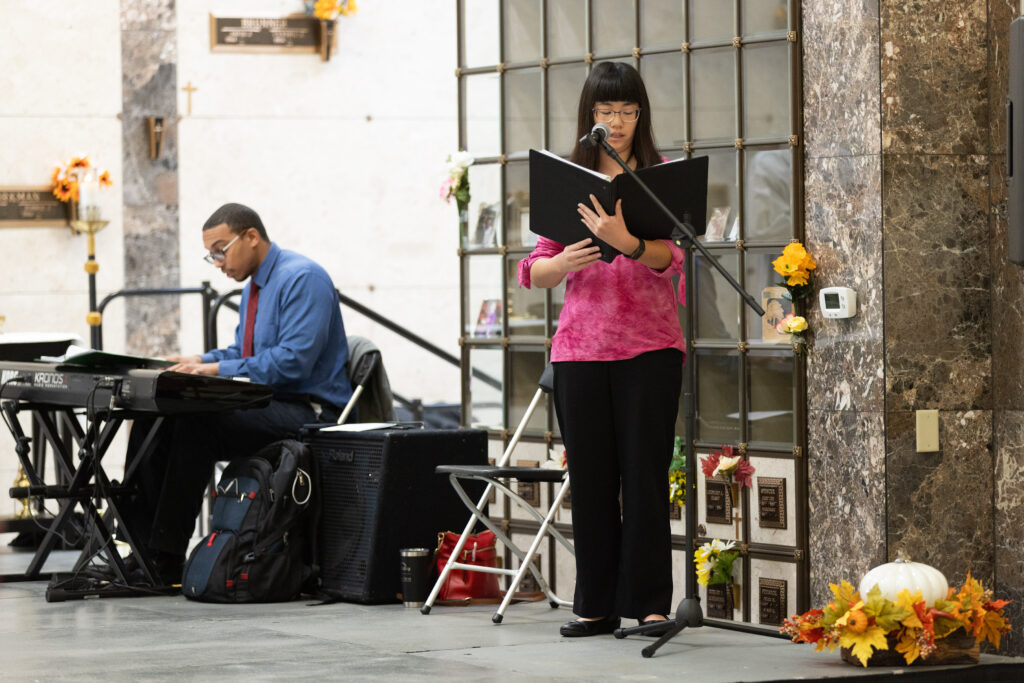 Cantor and pianist at St. Callistus Feast Day on October 14, 2024, at Calvary Cemetery in Massillon.