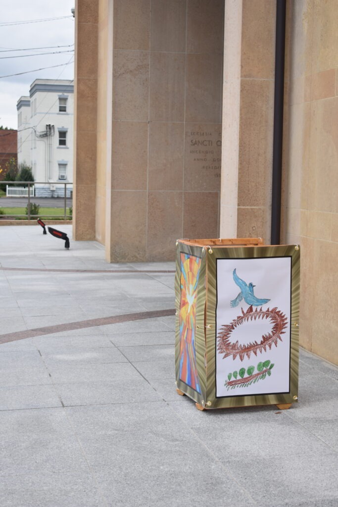 Light cover featuring the crown of thorns, outside St. Columba Cathedral
