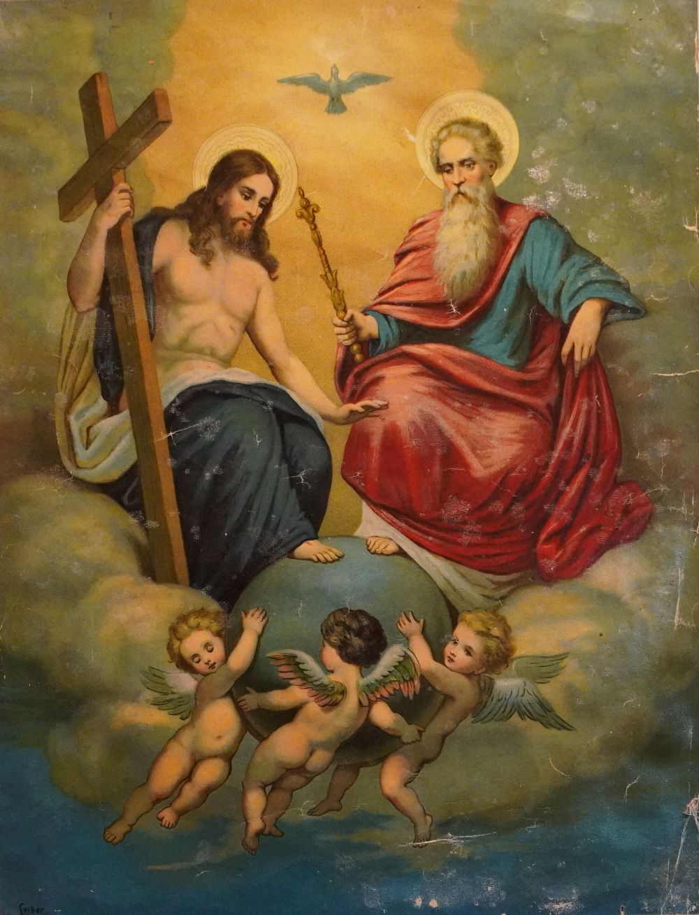 Painting of the Holy Trinity, Jesus, Father, and Holy Spirit.