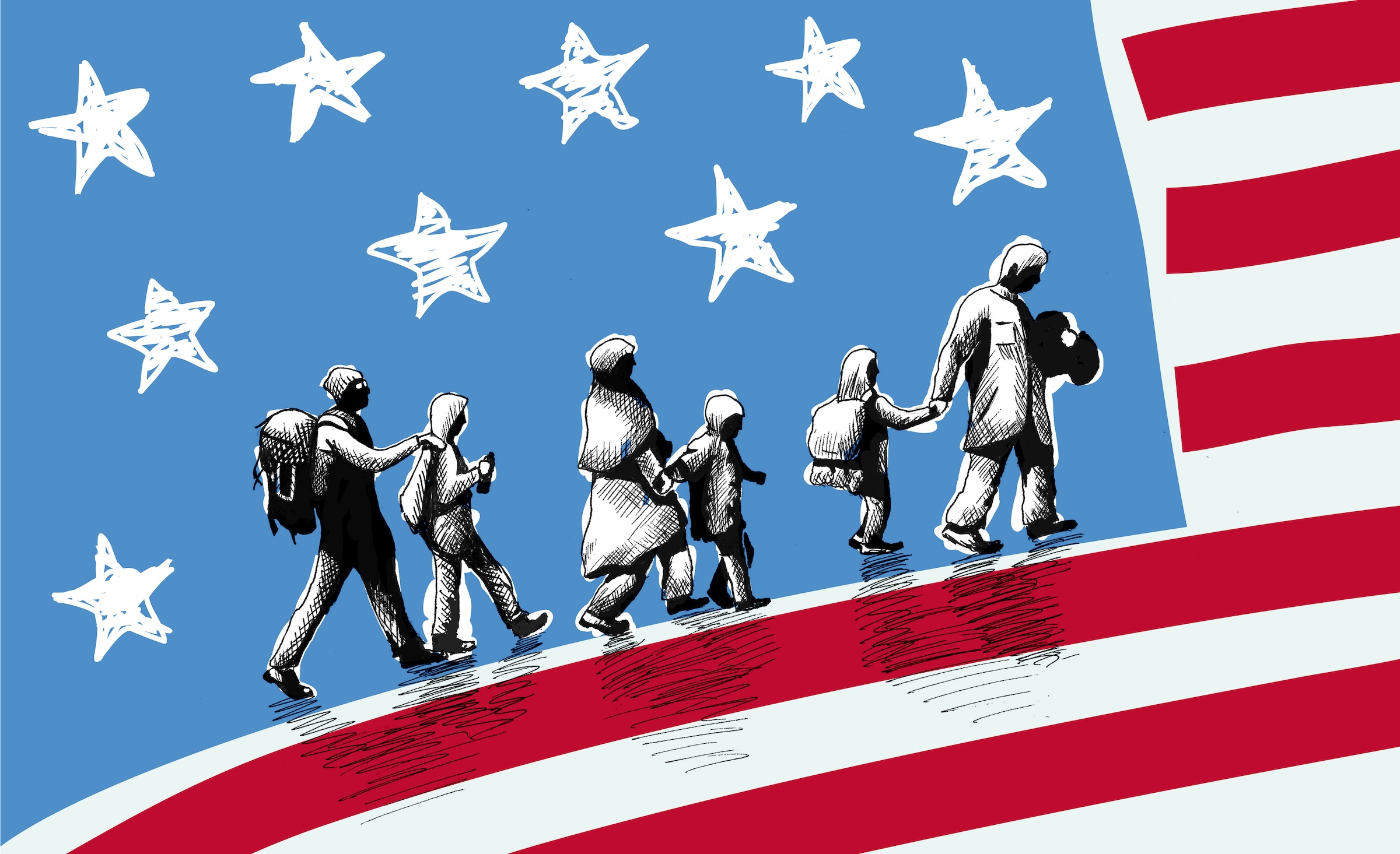 illustration showing a migrant family on the background of a flag.