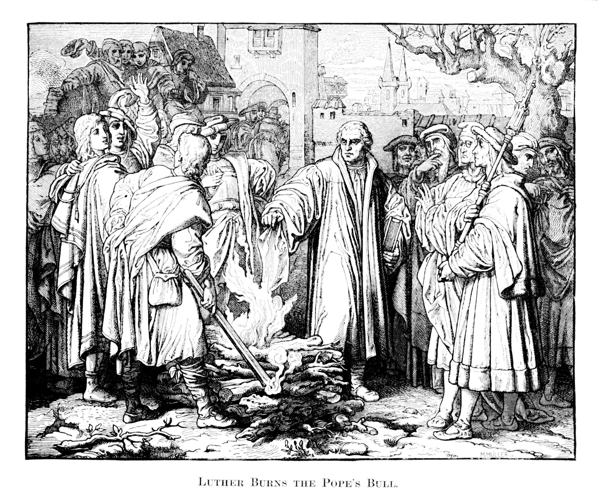 Martin Luther burns the Papal Bull threatening him with excommunication.