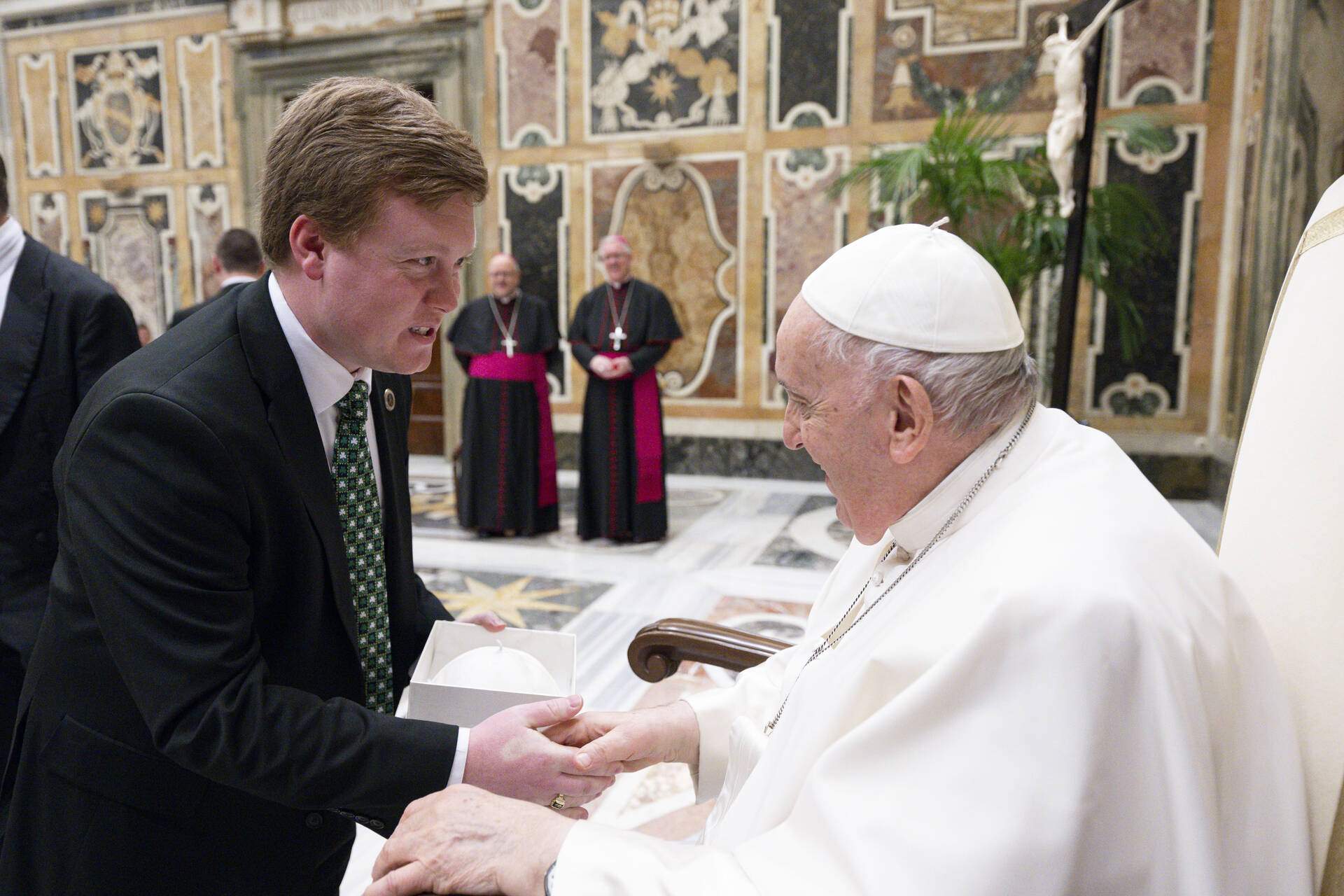 William Wainio shakes Pope Francis' hand in Clementine Hall.