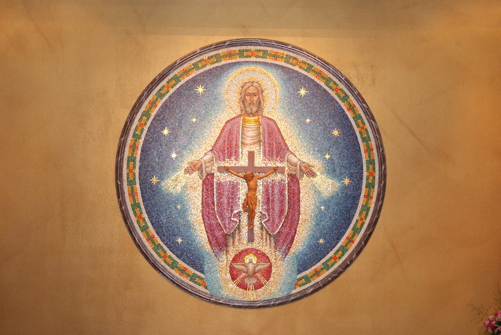 Circular mural of Father, Son, Holy Spirit at Little Flower Parish in Canton