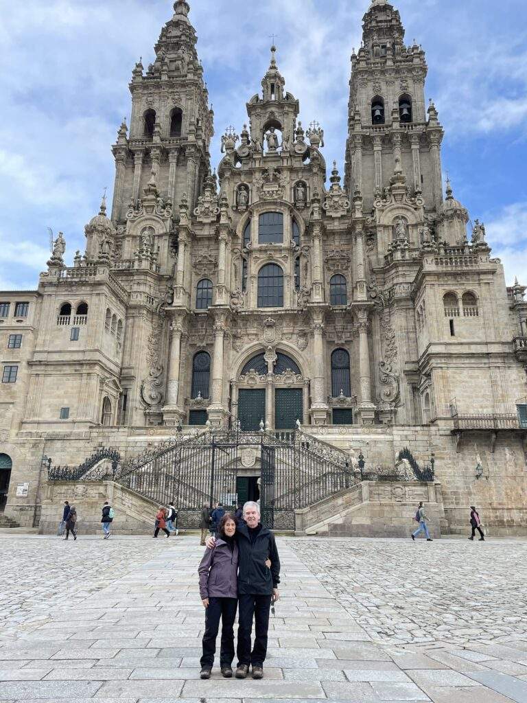 The Bonds stand in front of the Cathedral of Santiago de Compostela in Galicia, Spain.