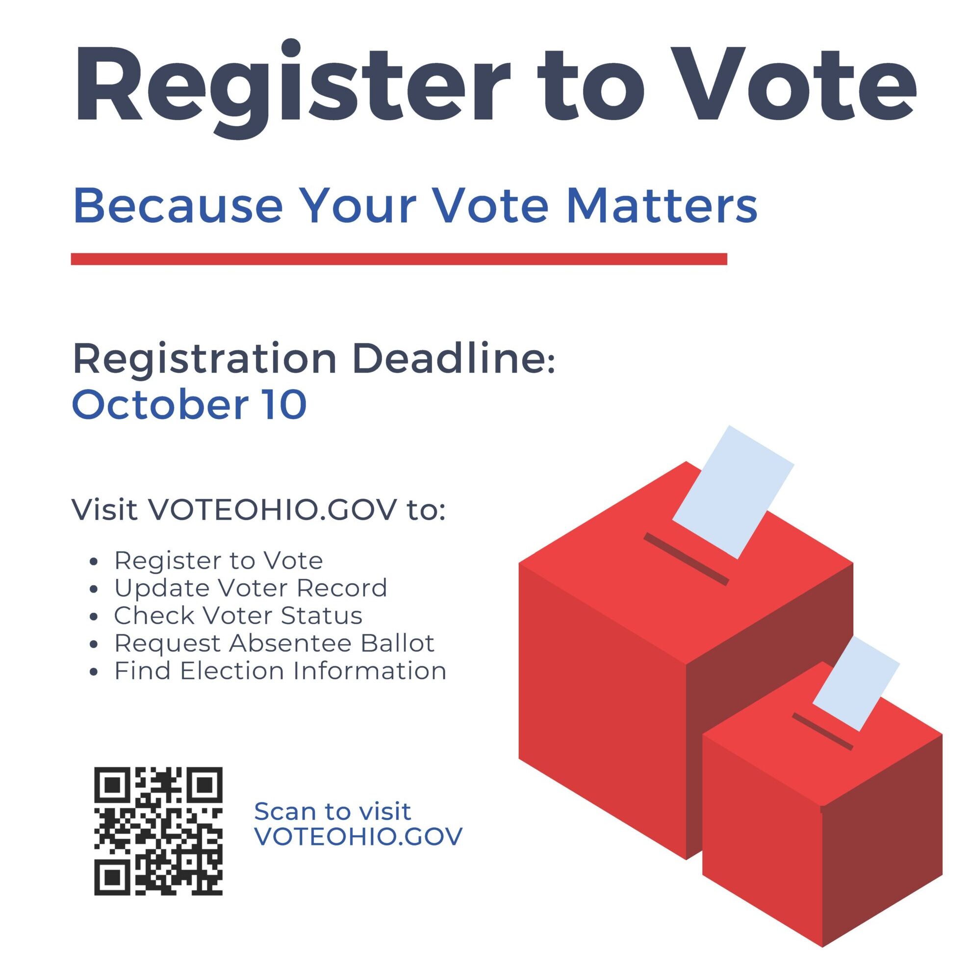 Register to vote because your vote matters. Visit voteohio.gov for details on how to register