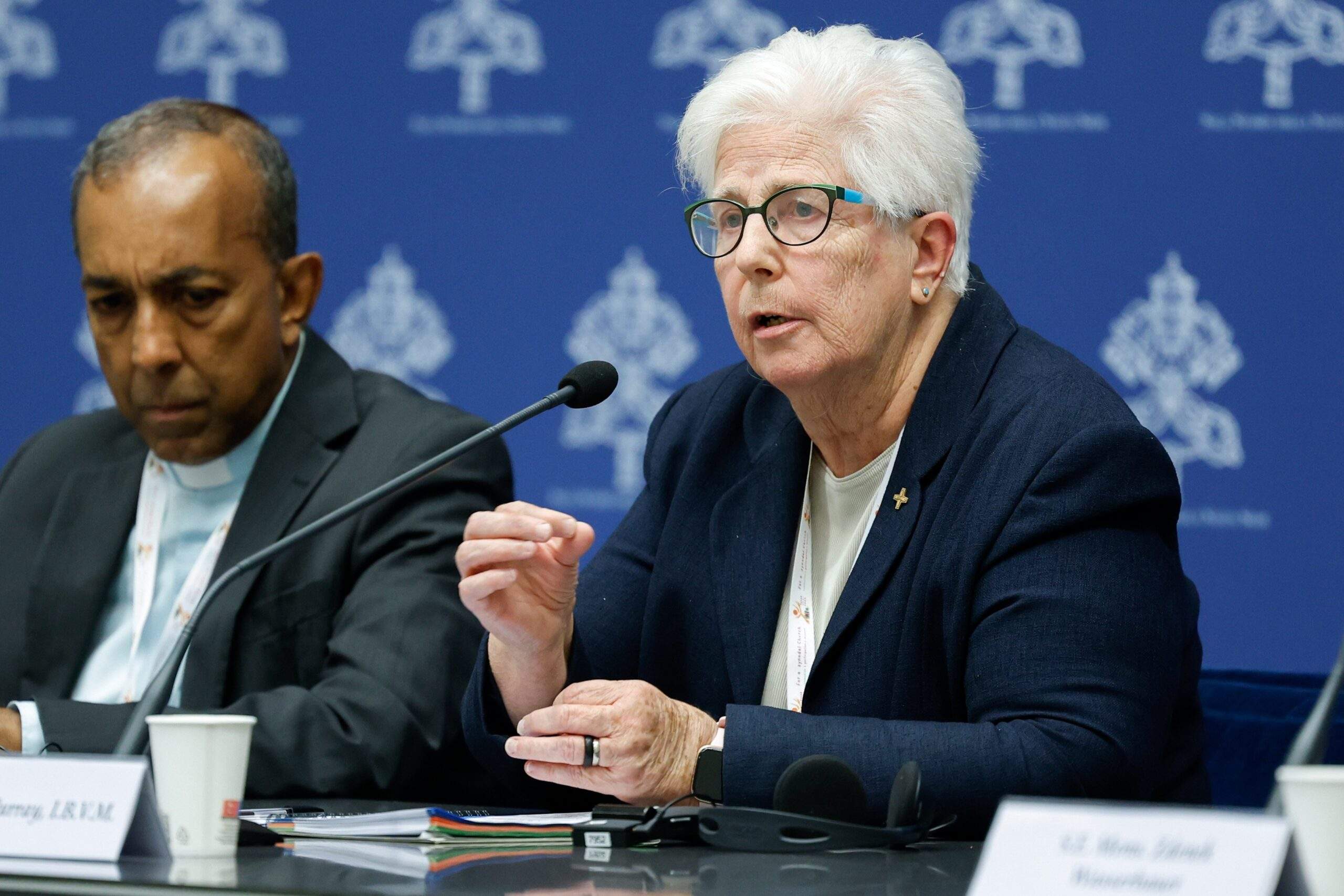 Loreto Sister Patricia Murray, a member of the synod and executive secretary of the International Union of Superiors General, speaks during a briefing about the assembly of the Synod of Bishops at the Vatican Oct. 16, 2023. (CNS photo/Lola Gomez)