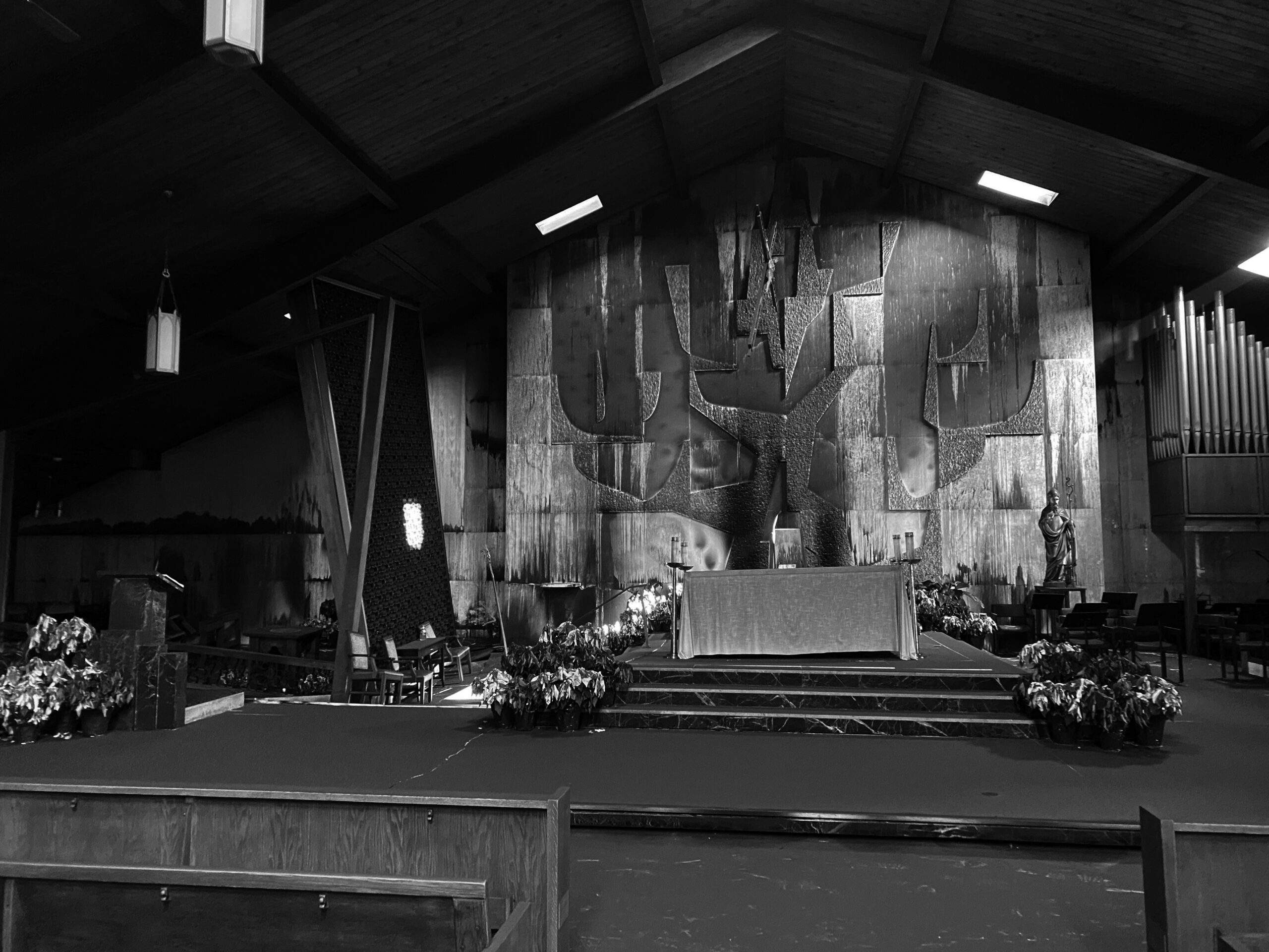 Black and white photo of the damage at St. Patrick's.