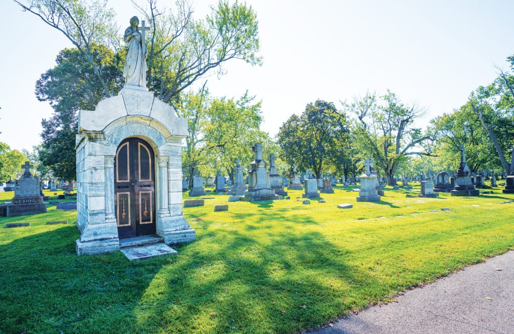 Landscape including a mausoleum at Calvary in Youngstown.