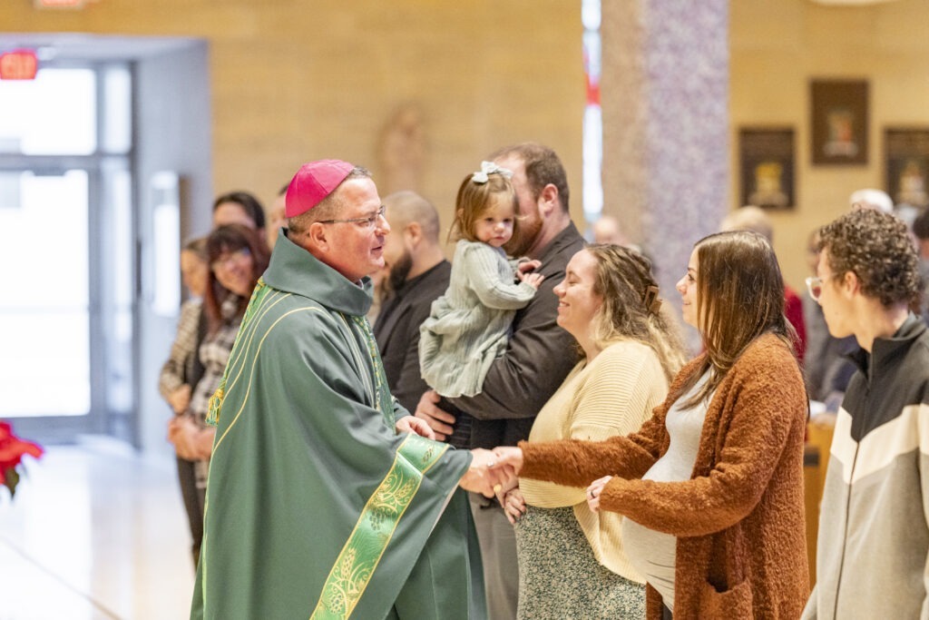 Bishop Bonnar greets expectant mothers at the annual Diocesan Mass for Life on January 14, 2024, at St. Columba Cathedral.