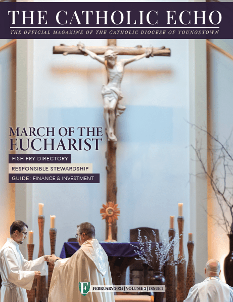 Cover of the February 2024 Issue of The Catholic Echo, featuring Eucharistic Adoration at St. Joan of Arch Parish