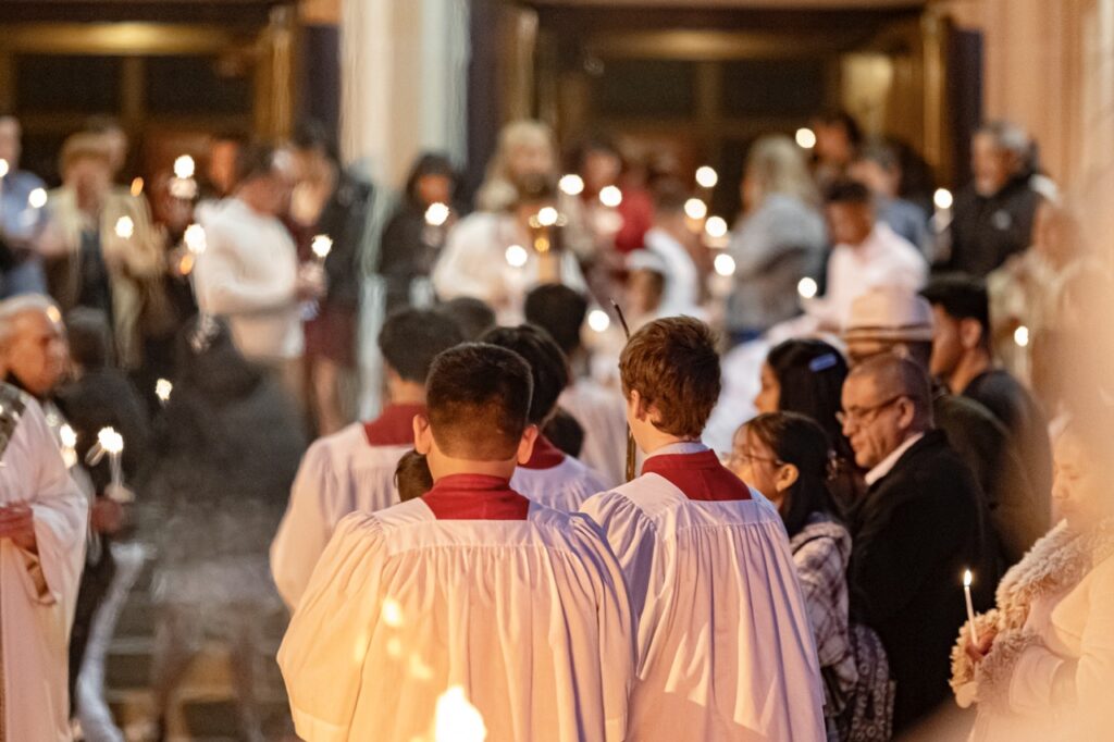 Altar servers gather outside the church at the Easter Vigil 2024 at St. Dominic's. Photo by Brian Keith.