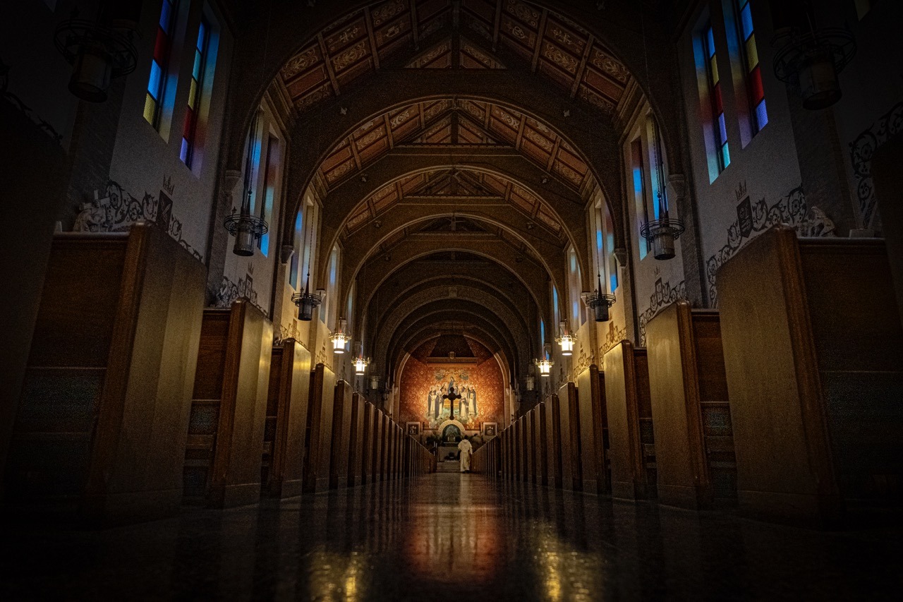 St. Dominic Church in the dark, before Mass at the Easter Vigil 2024 at St. Dominic's. Photo by Brian Keith.