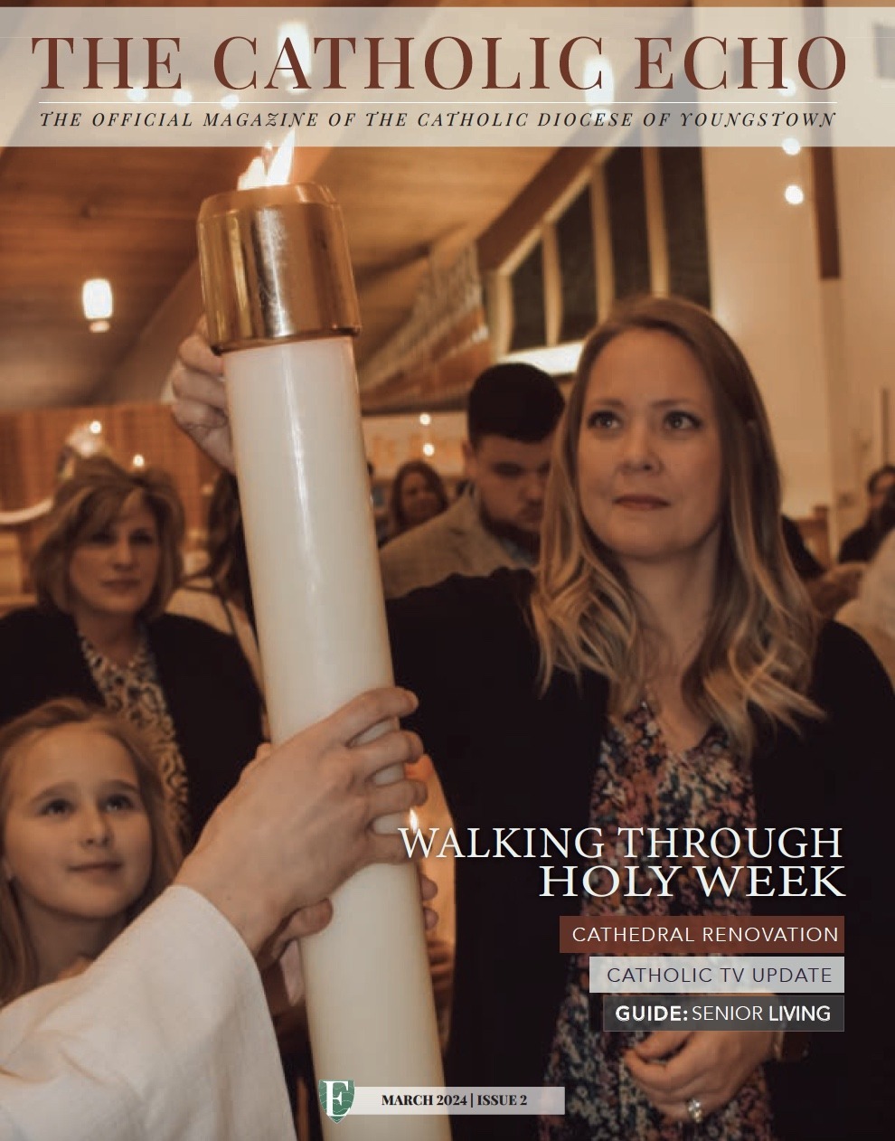 Cover of March Magazine featuring woman lighting easter candle with her goddaughter. Photo by Marilou McClimans.