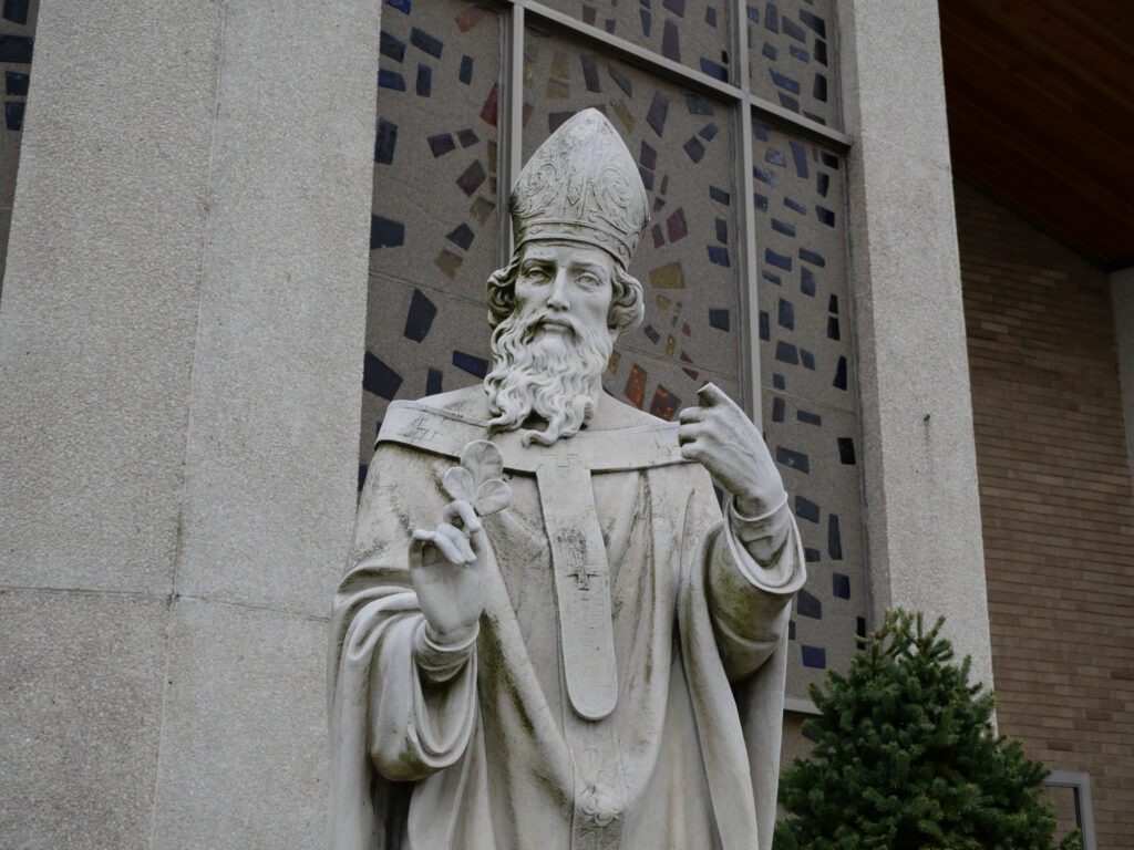 Statue of Saint Patrick with burn marks at St. Patrick Parish in Hubbard, Ohio