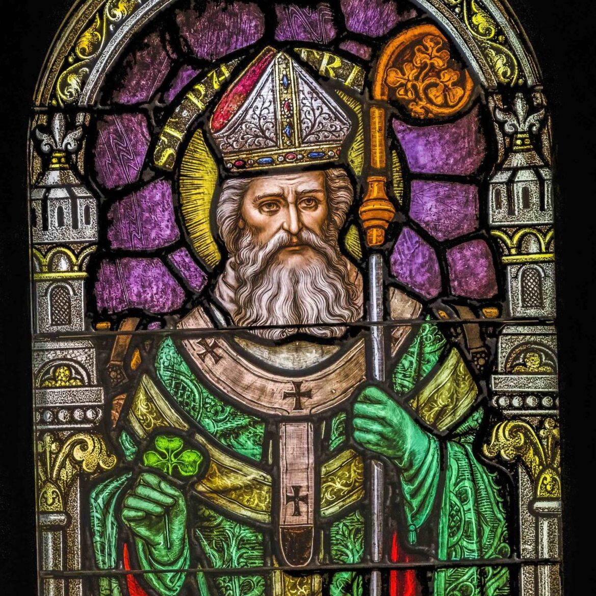 Stained glass window of St. Patrick.