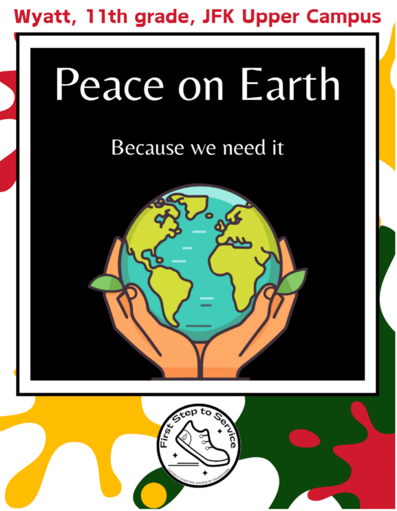 Two hands holding the earth, with the words "Peace on Earth"