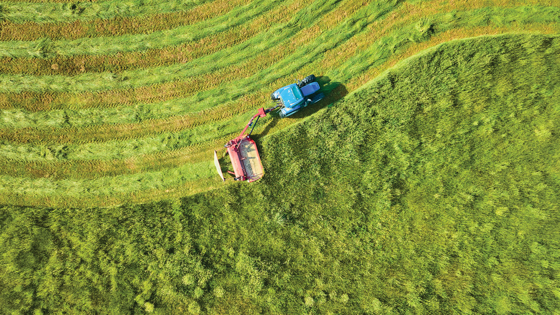 Aerial image of a tractor plowing soy beans