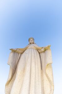 Image of the large Our Lady of Lebanon Statue from below for the Assumption Pilgrimage in North Jackson. Photo by Brian Keith.