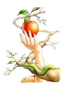 Illustration of a hand grabbing an apple, with a serpent wrapped around the arm