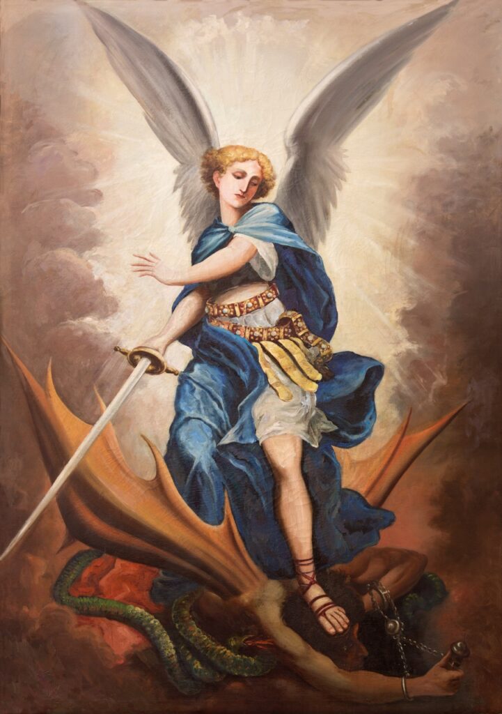 Painting of St. Michael, bearing a sword and slaying a serpent