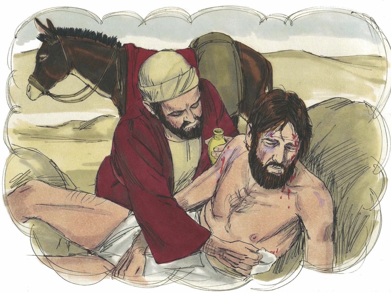 Good samaritan illustration, showing a man cradling a wounded man on the side of the road.