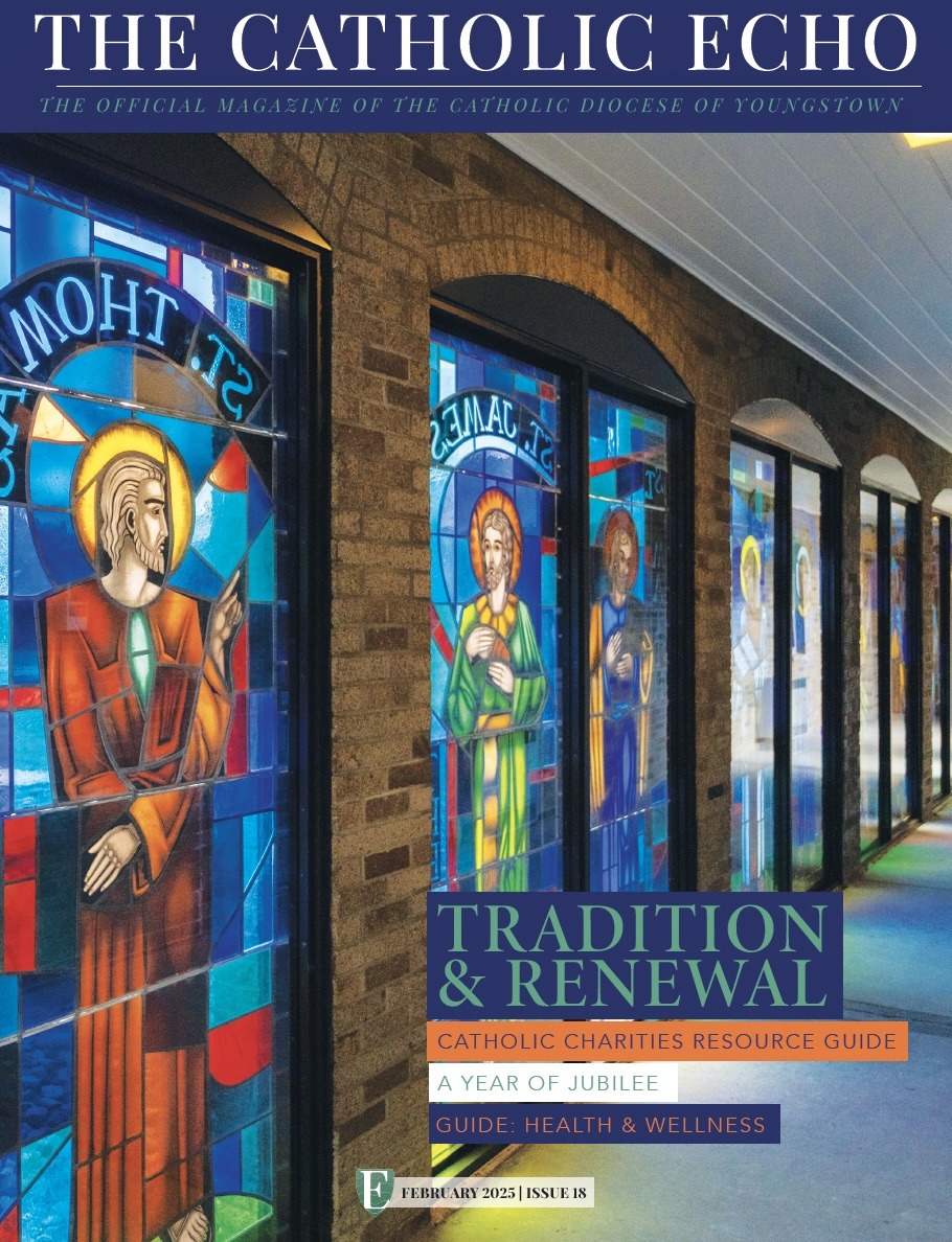 Cover of February 2025 Issue of the Catholic Echo, featuring stained glass windows