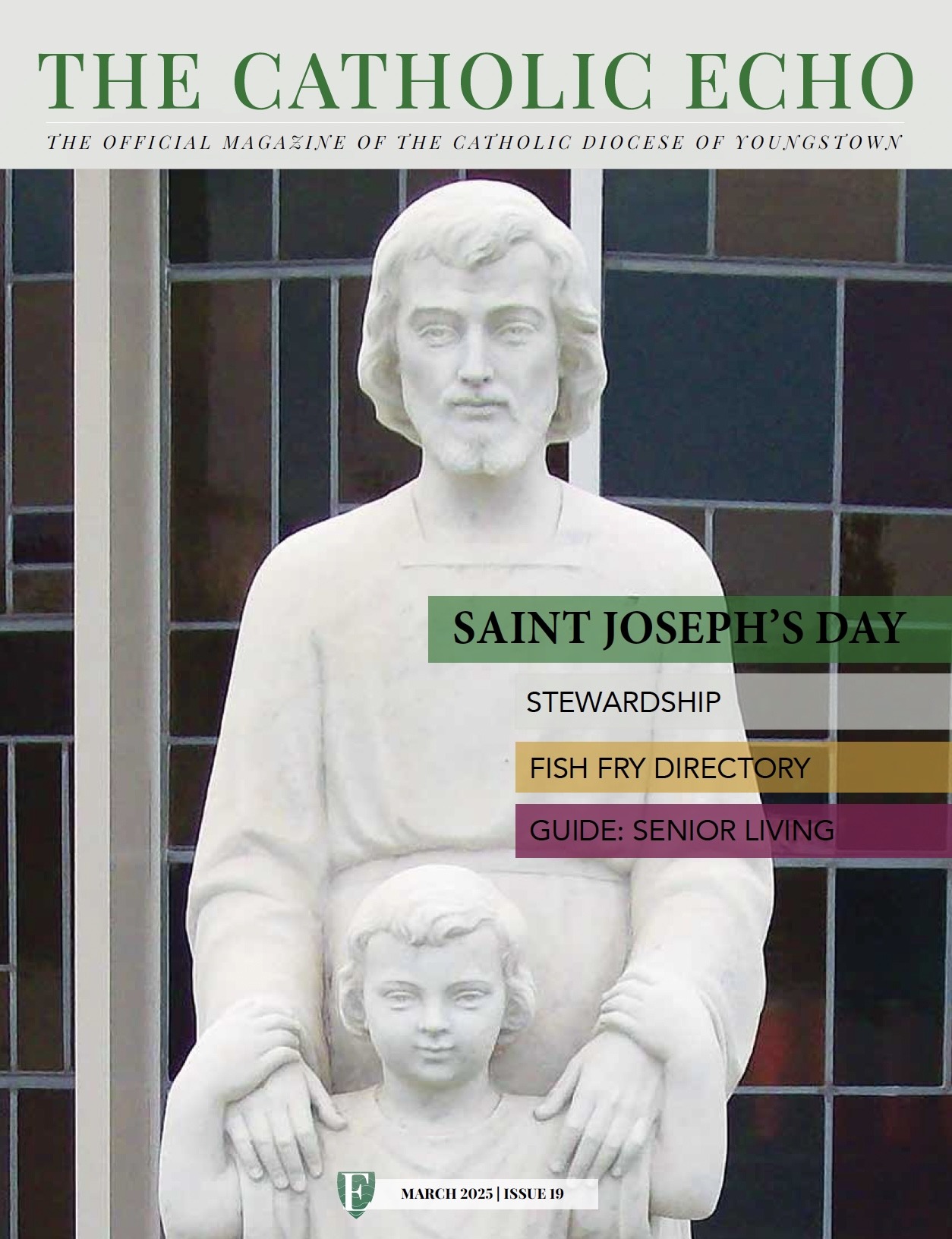 Cover of the March 2025 issue of The Catholic Echo, featuring the statue of St. Joseph at St. Joseph Church in Austintown