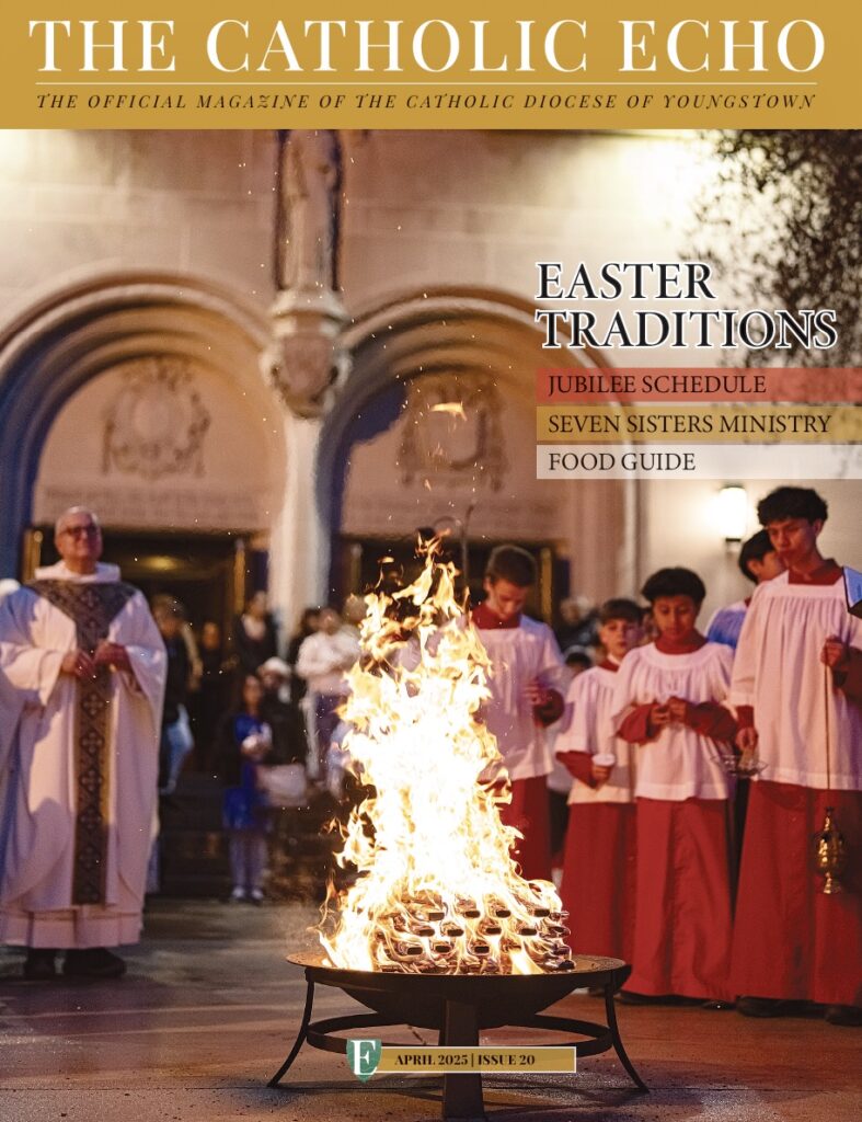 Cover of the April 2025 issue of The Catholic Echo, featuring an easter fire.