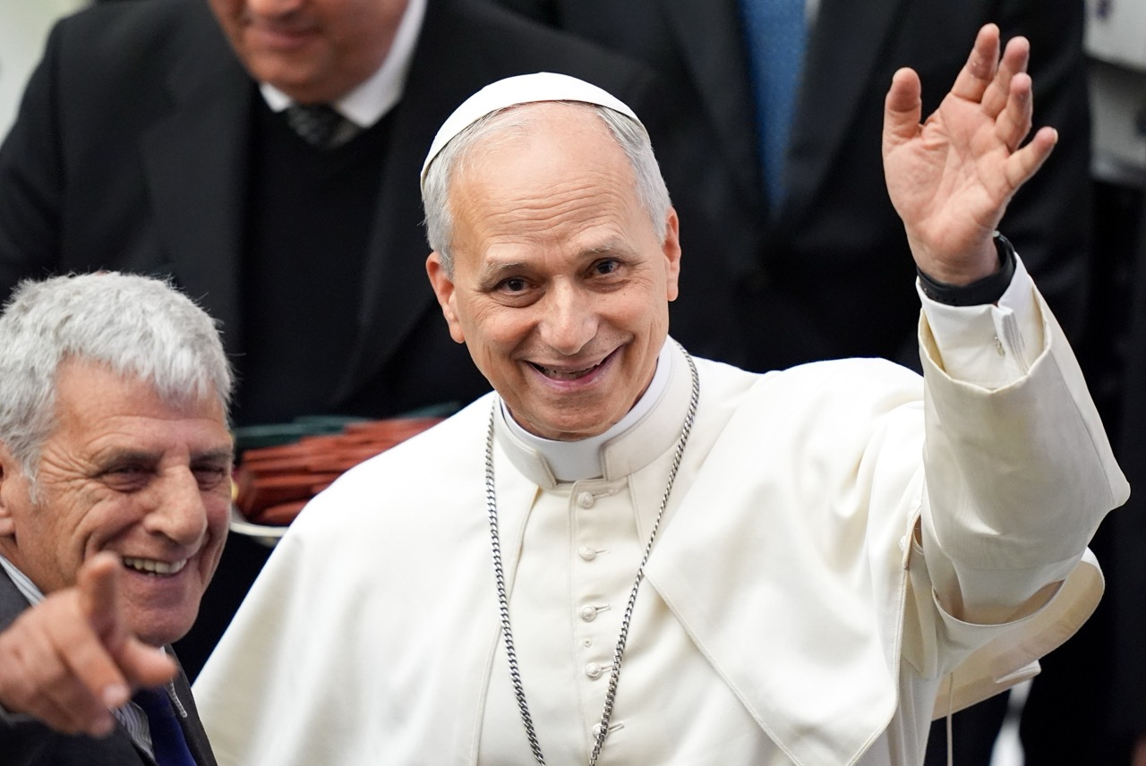 Pope leo waves during first press conference