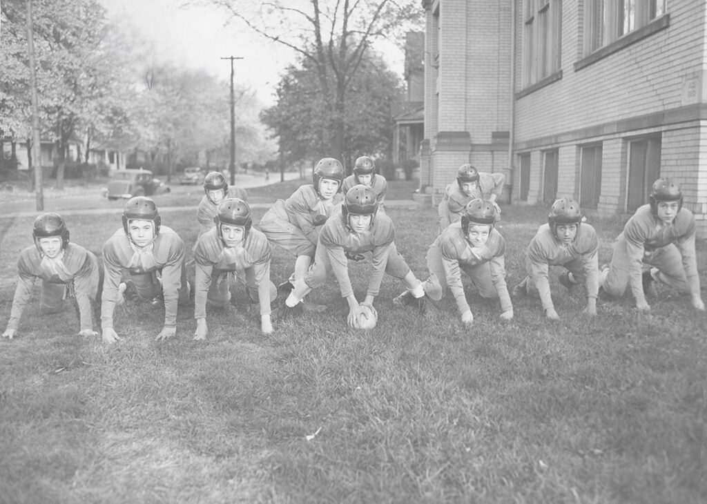 Archival photo of football players at St. Rose School in Girard during the 1940s.