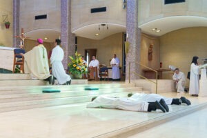 In Faith Facts the authors explain all the steps, including, why the candidates to the priesthood lay prostrate during the ordination Mass.