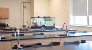 Image of an empty classroom in the new Saint John School student center