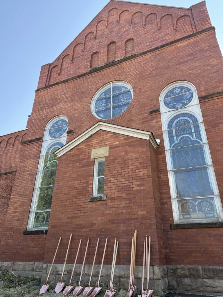 Shovels are leaned up against the old SS Cyril and Methodius Church