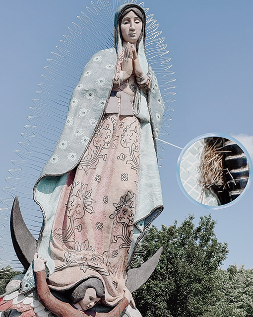 The Windsor statue of Our Lady of Guadalupe stands 50 feet and is covered by mosaic tiles.