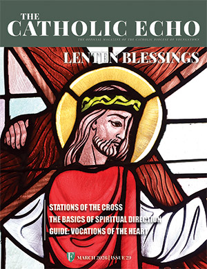 The march 2026 cover. Stained glass of Jesus carrying the cross found at Waynesburg St. James Parish.