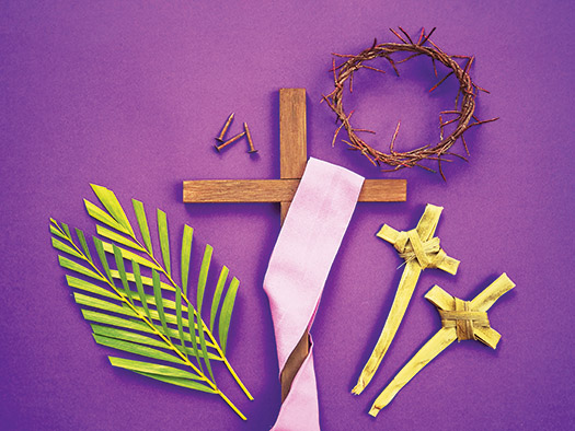 Symbols of Lent with crosses, nails and woven crown of thorns.