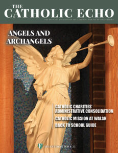 Cover from August 2026 magazine depicting angel from Little Flower Parish, Canton, Stark County.