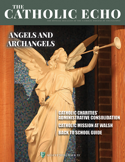 Cover from August 2026 magazine depicting angel from Little Flower Parish, Canton, Stark County.